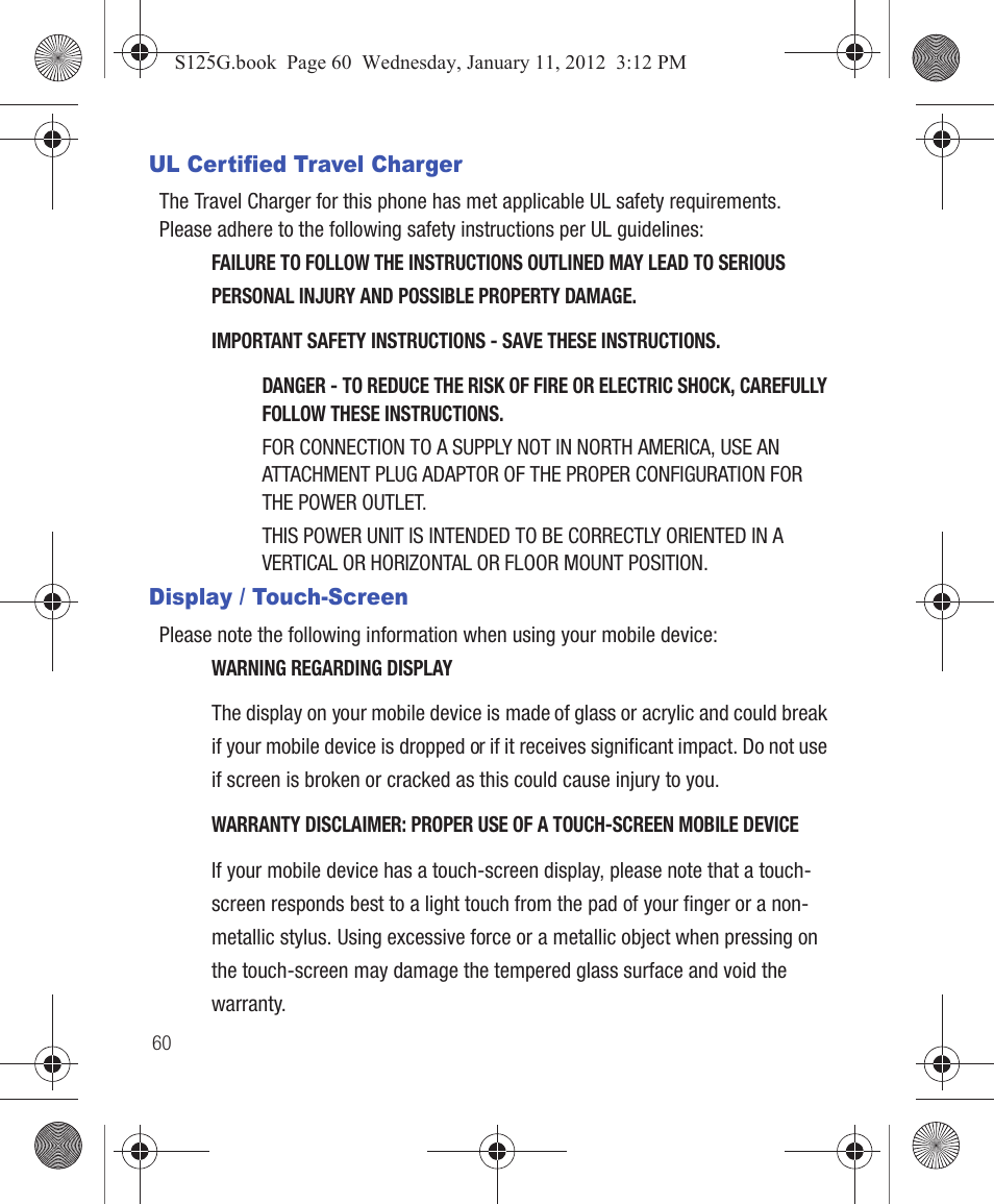 Ul certified travel charger, Display / touch-screen, Ul certified travel charger display / touch-screen | Samsung SGH-S125ZSATFN User Manual | Page 66 / 77