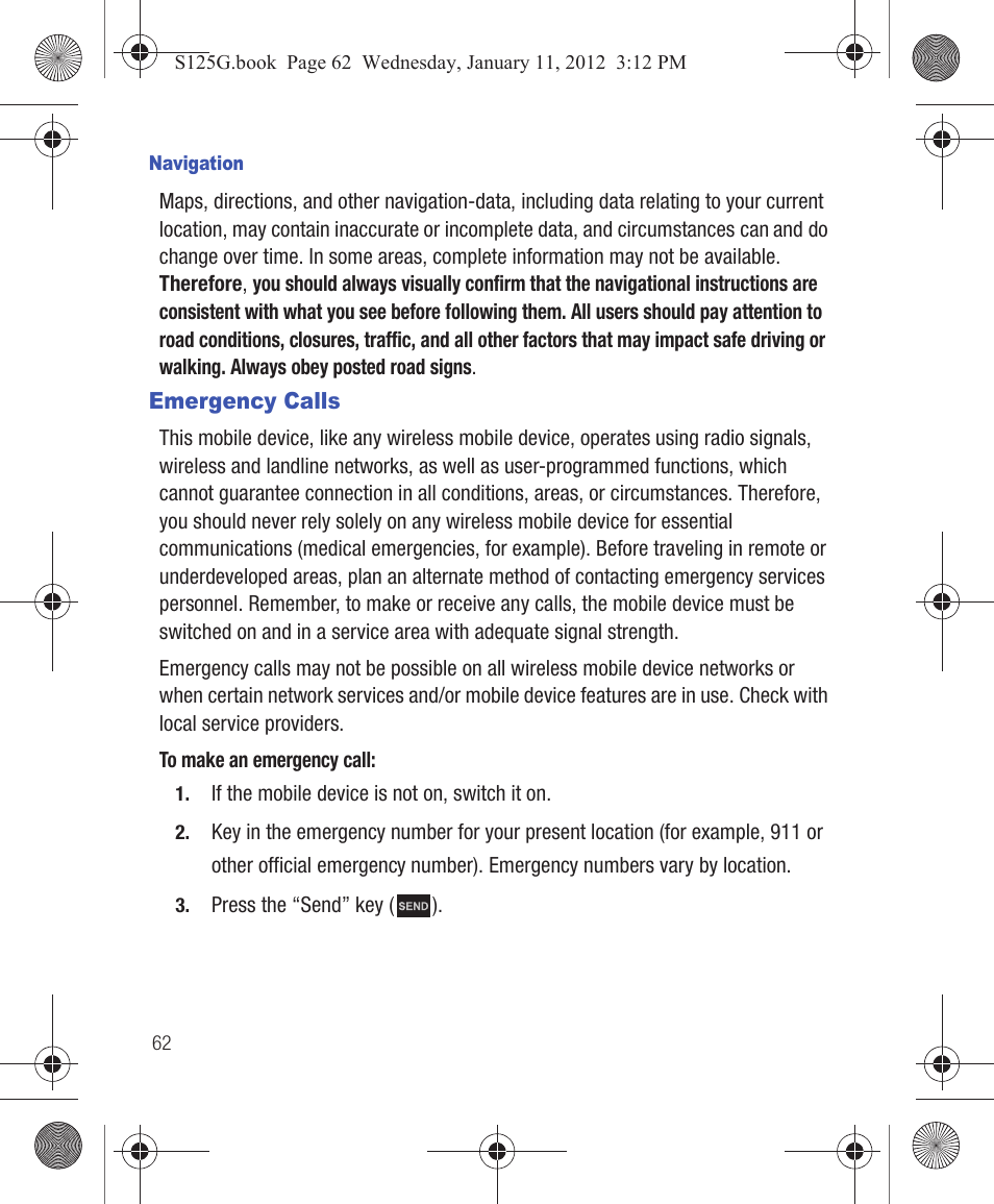 Emergency calls | Samsung SGH-S125ZSATFN User Manual | Page 68 / 77