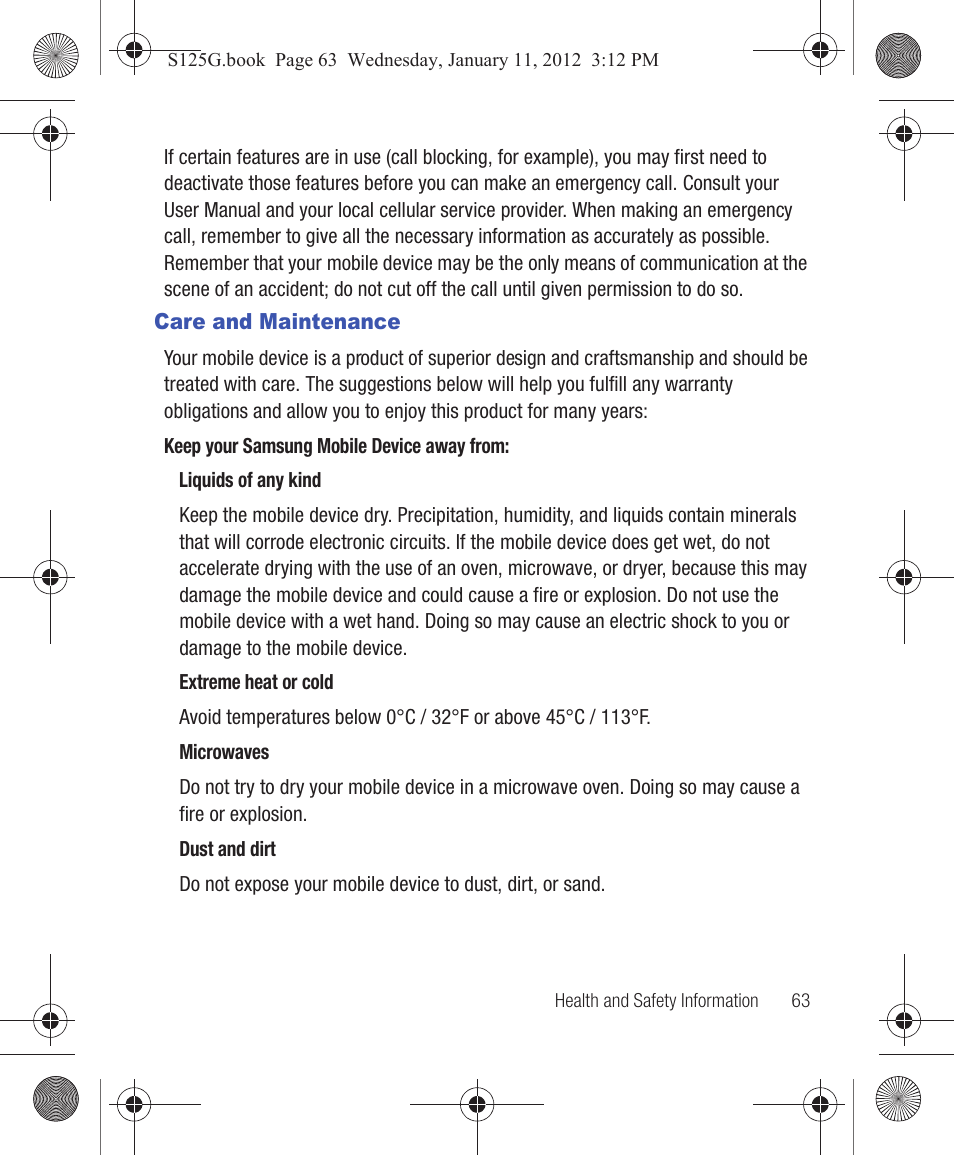 Care and maintenance | Samsung SGH-S125ZSATFN User Manual | Page 69 / 77