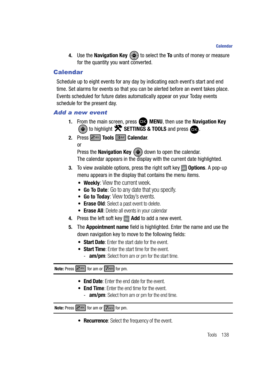 Calendar, View the current week, Go to any date that you specify | View today’s events | Samsung SCH-U900ZKAVZW User Manual | Page 141 / 181