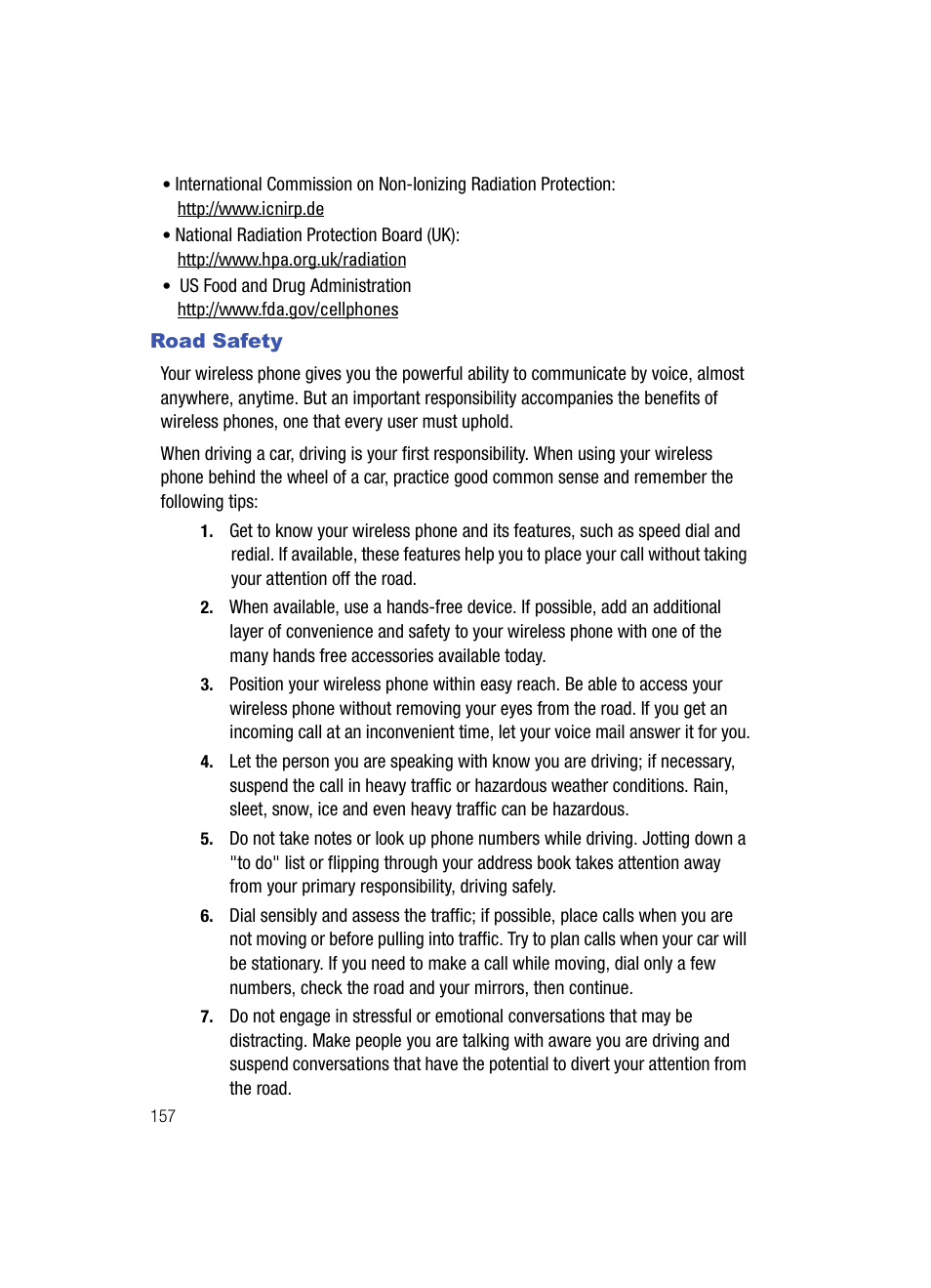 Road safety | Samsung SCH-U900ZKAVZW User Manual | Page 160 / 181