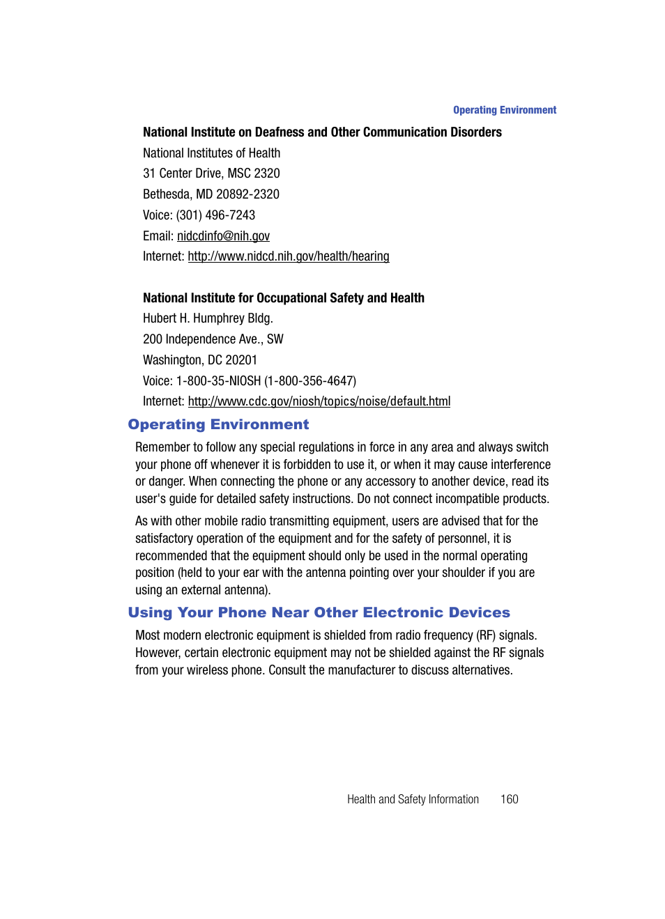 Operating environment, Using your phone near other electronic devices | Samsung SCH-U900ZKAVZW User Manual | Page 163 / 181