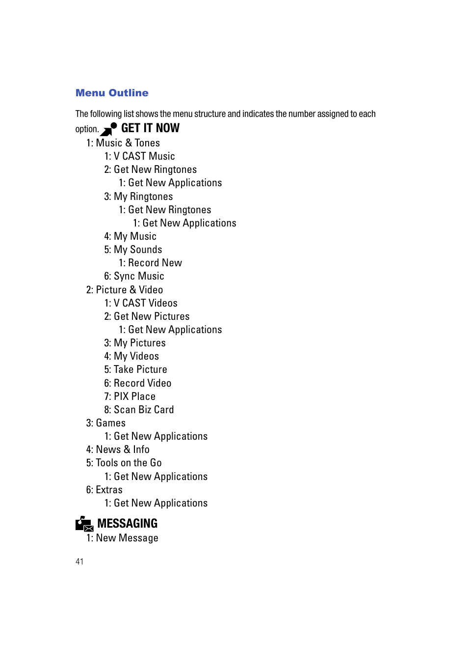 Menu outline, Get it now, Messaging | Samsung SCH-U900ZKAVZW User Manual | Page 44 / 181