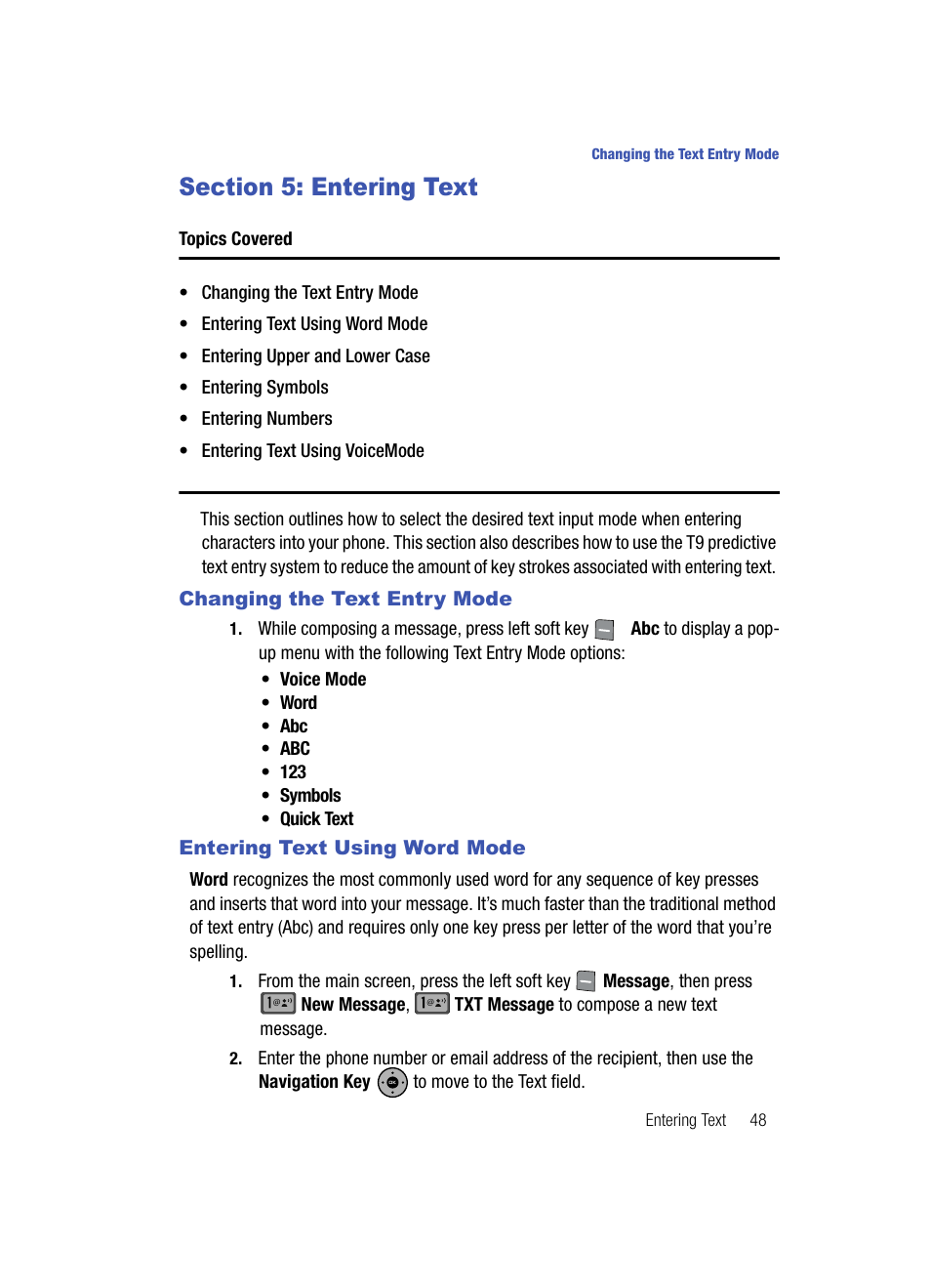 Section 5: entering text | Samsung SCH-U900ZKAVZW User Manual | Page 51 / 181