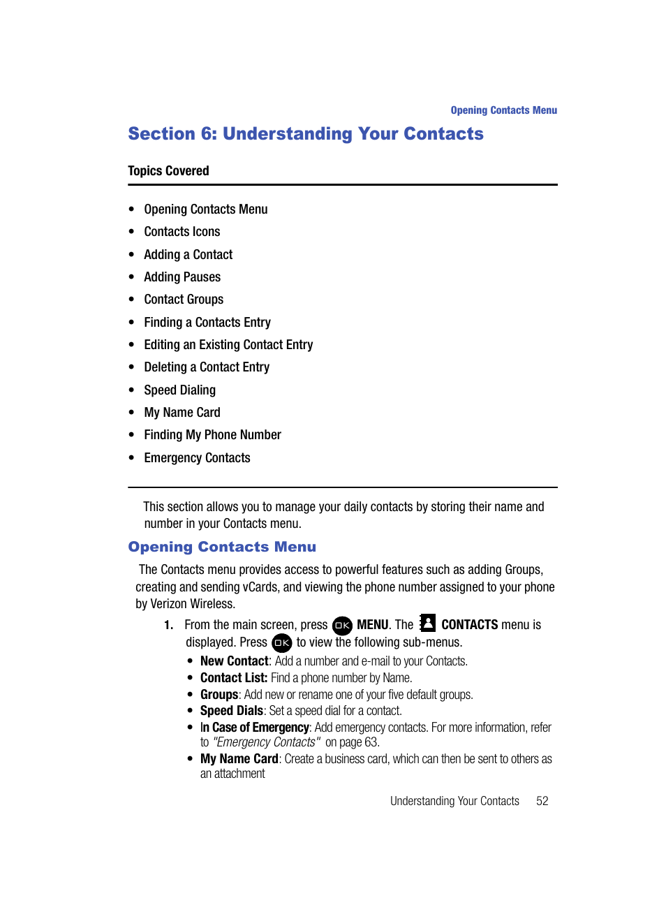 Section 6: understanding your contacts, Opening contacts menu | Samsung SCH-U900ZKAVZW User Manual | Page 55 / 181