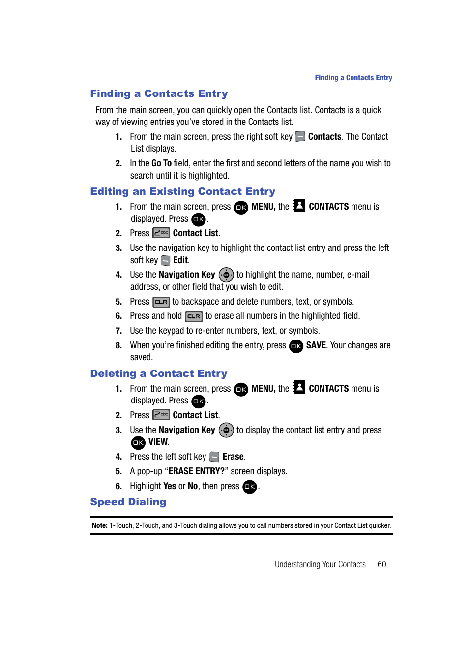 Speed dialing, Finding a contacts entry, Editing an existing contact entry | Deleting a contact entry | Samsung SCH-U900ZKAVZW User Manual | Page 63 / 181