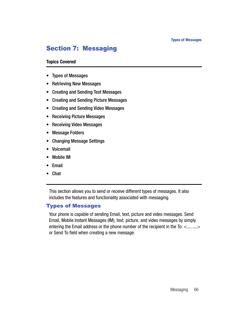 Section 7: messaging, Types of messages | Samsung SCH-U900ZKAVZW User Manual | Page 69 / 181