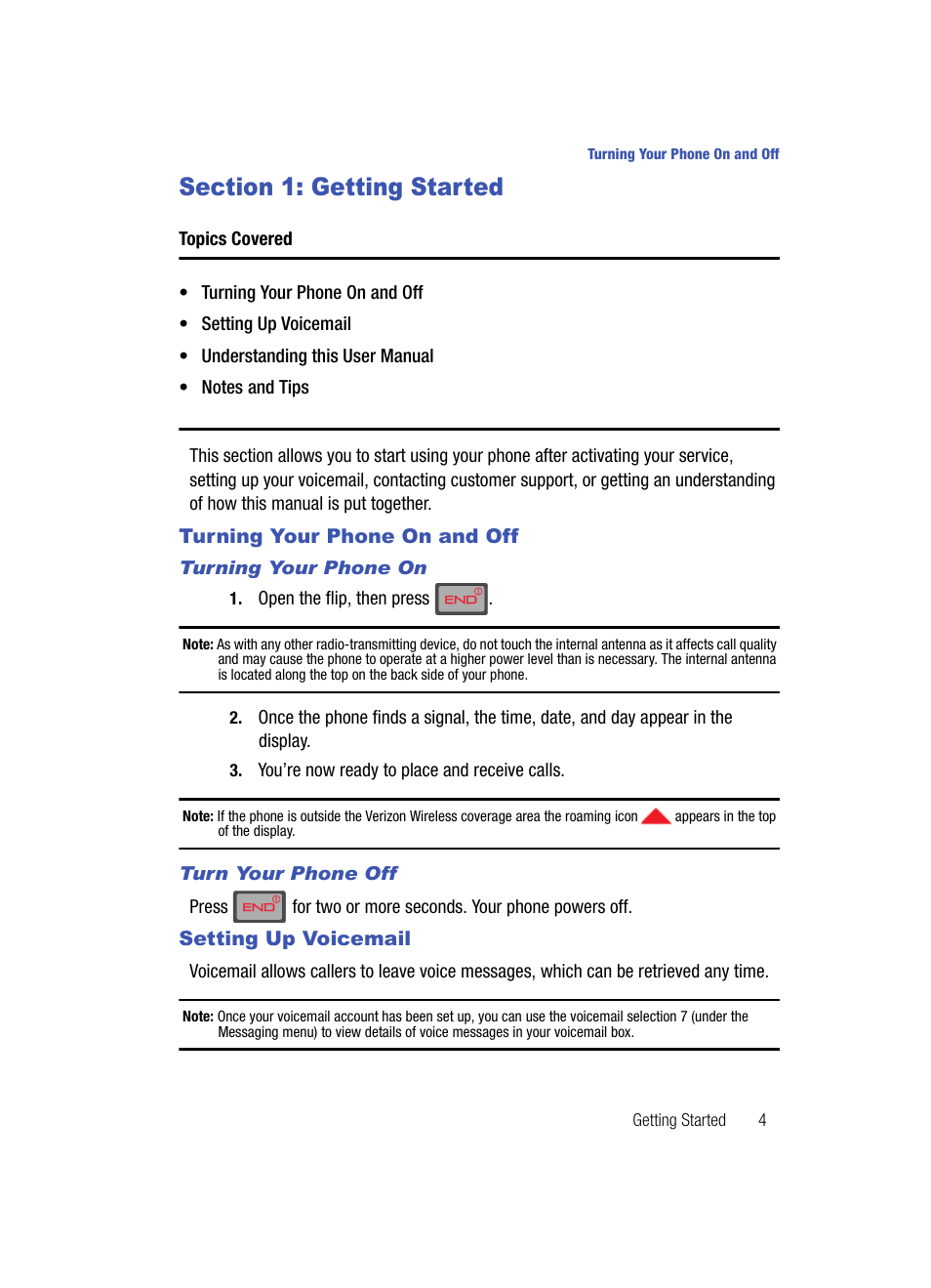 Section 1: getting started, Turning your phone on and off setting up voicemail | Samsung SCH-U900ZKAVZW User Manual | Page 7 / 181