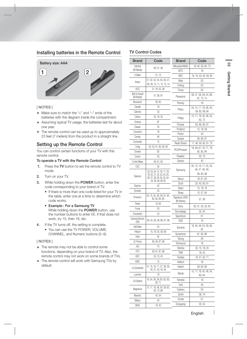Installing batteries in the remote control, Setting up the remote control | Samsung HT-FM65WC-ZA User Manual | Page 13 / 58
