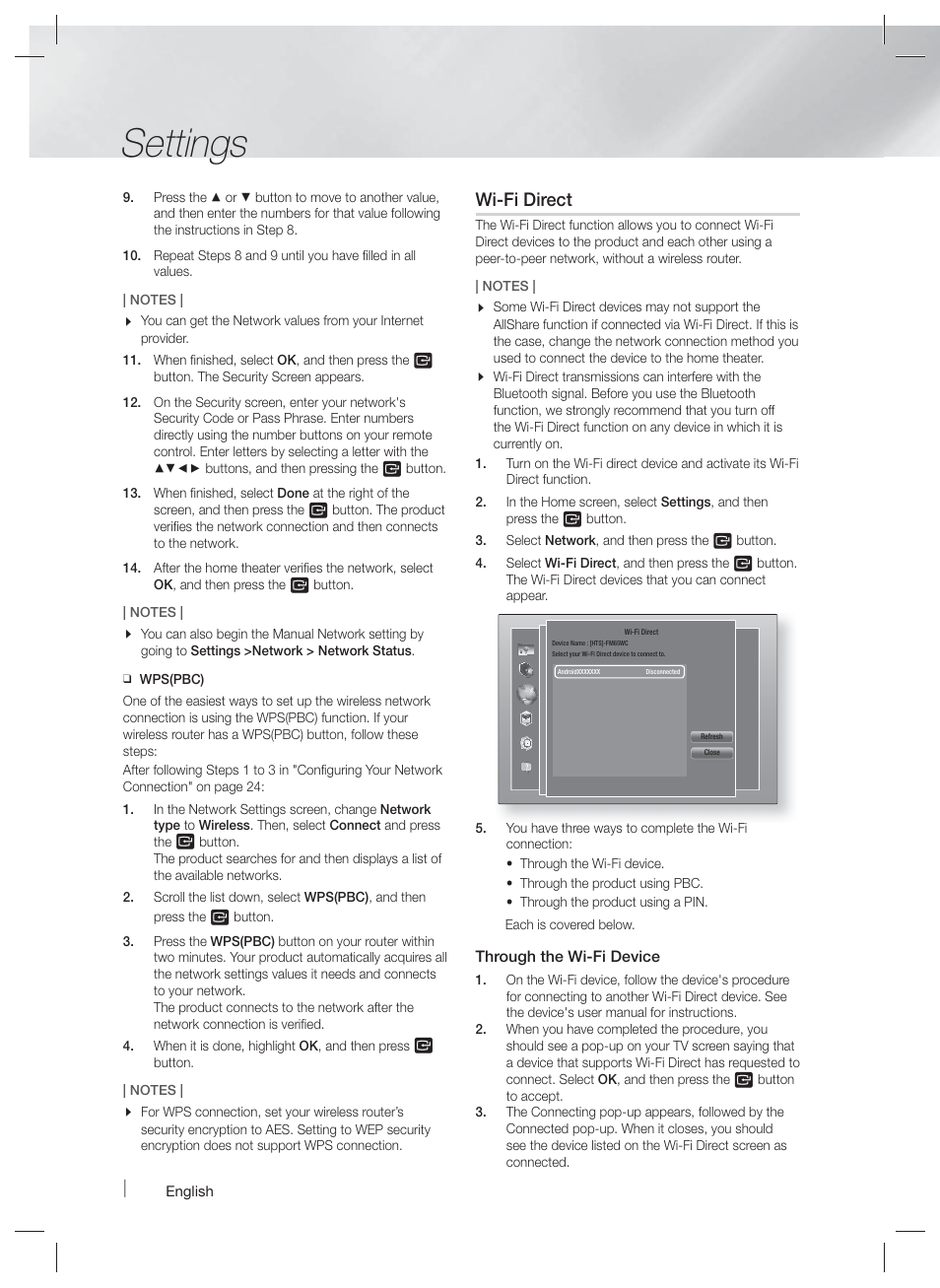Settings, Wi-fi direct | Samsung HT-FM65WC-ZA User Manual | Page 26 / 58