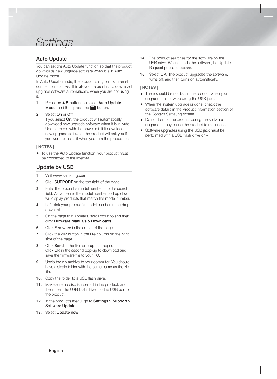 Settings, Auto update, Update by usb | Samsung HT-FM65WC-ZA User Manual | Page 28 / 58