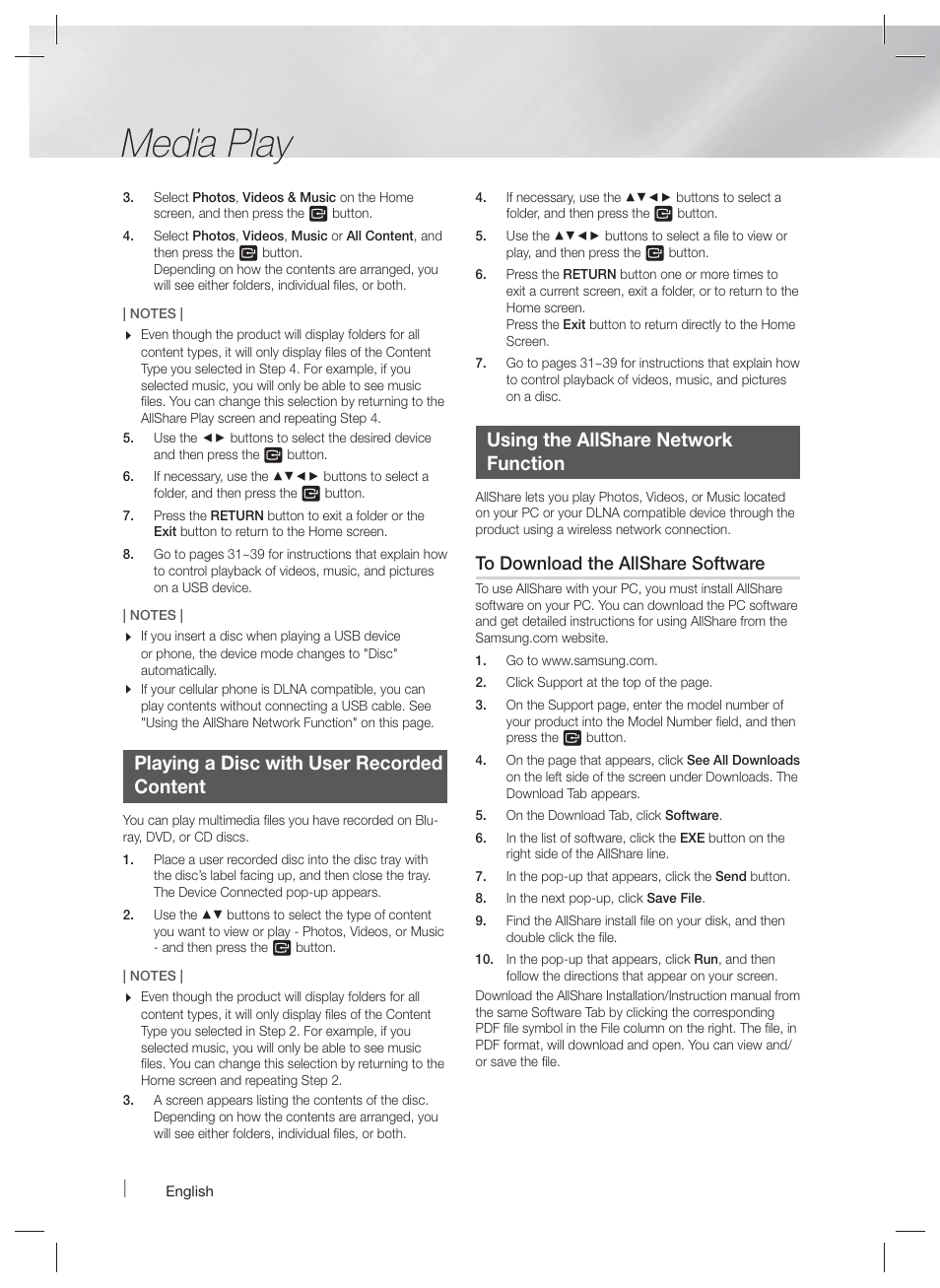 Playing a disc with user recordedcontent, Using the allshare networkfunction, Media play | Playing a disc with user recorded content, Using the allshare network function | Samsung HT-FM65WC-ZA User Manual | Page 30 / 58