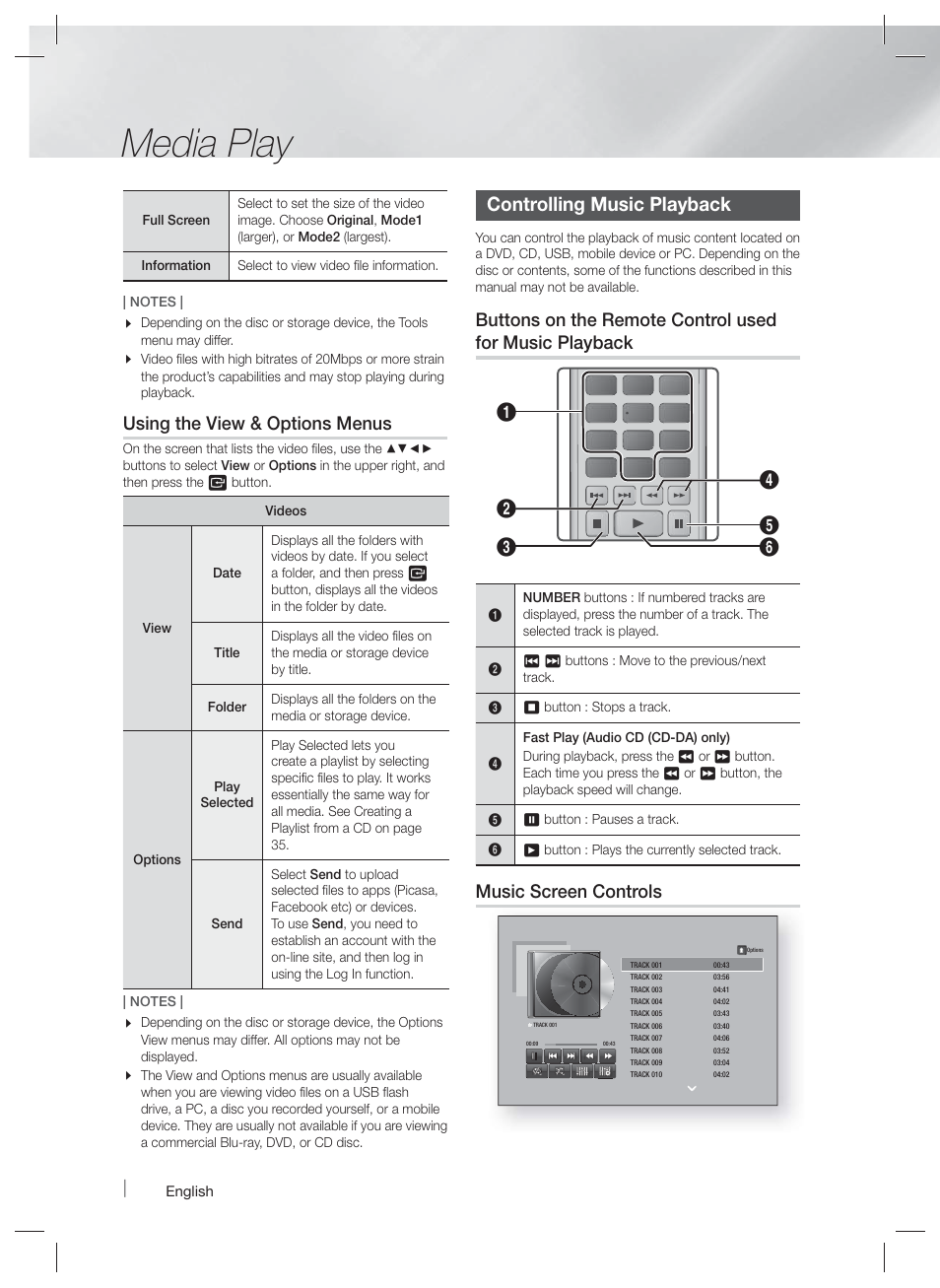 Controlling music playback, Media play, Using the view & options menus | Music screen controls | Samsung HT-FM65WC-ZA User Manual | Page 34 / 58