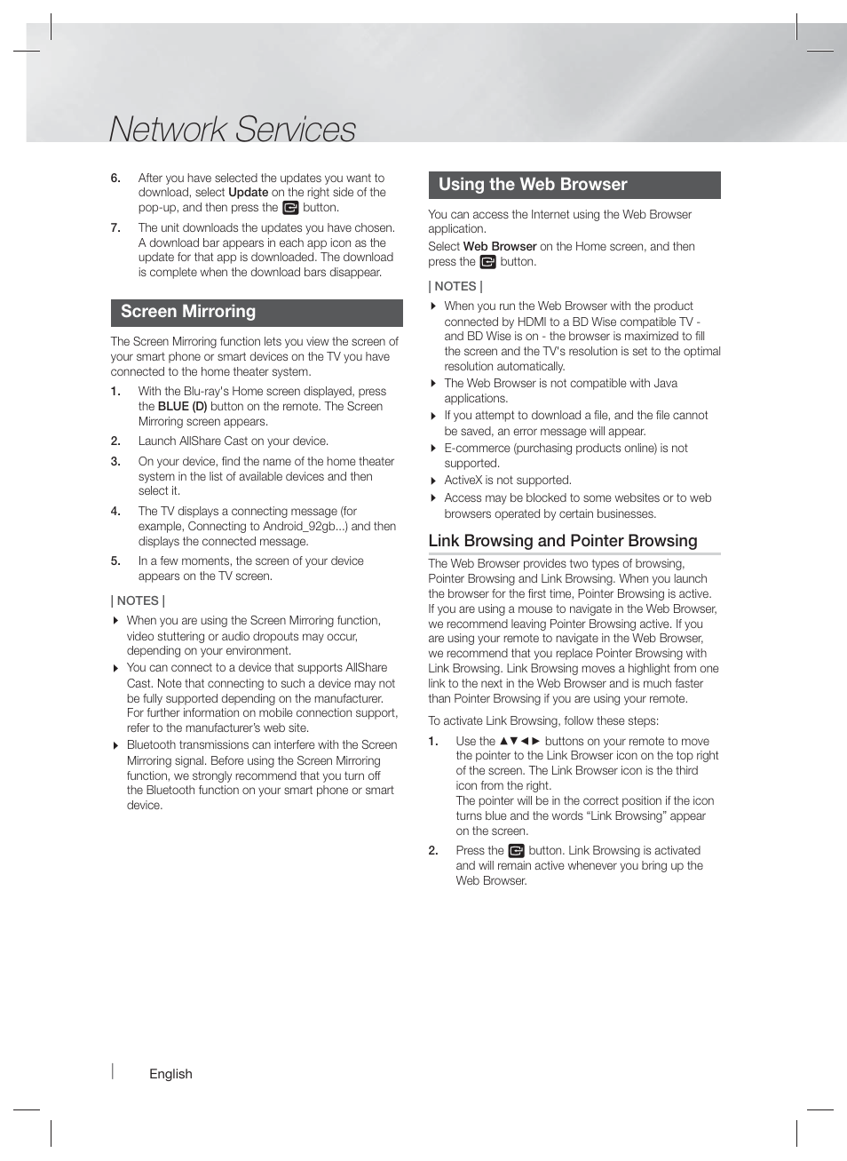 Screen mirroring, Using the web browser, Network services | Samsung HT-FM65WC-ZA User Manual | Page 46 / 58