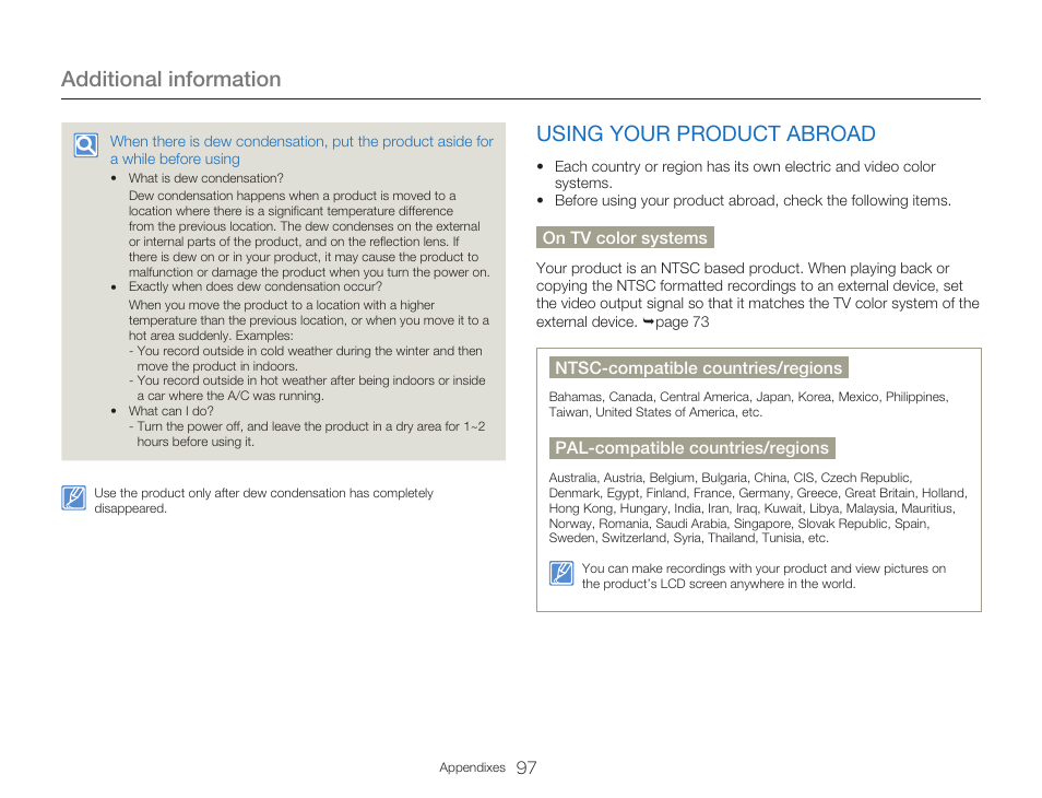 Using your product abroad, Additional information | Samsung HMX-W300RN-XAA User Manual | Page 105 / 112