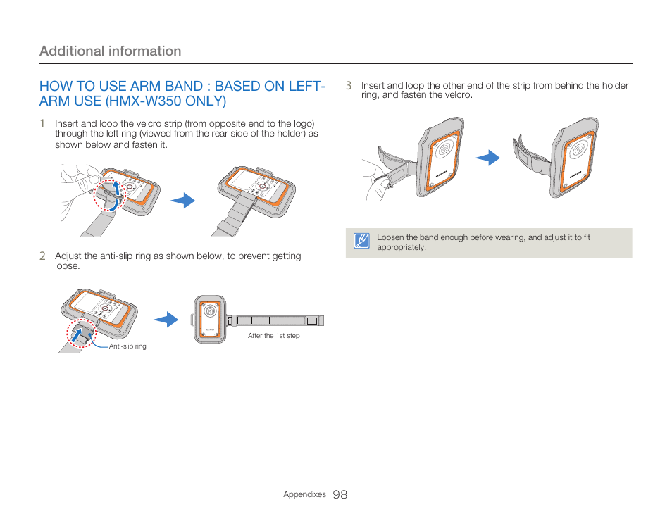 How to use arm band : based on left-arm use, Hmx-w350 only), Additional information | Samsung HMX-W300RN-XAA User Manual | Page 106 / 112