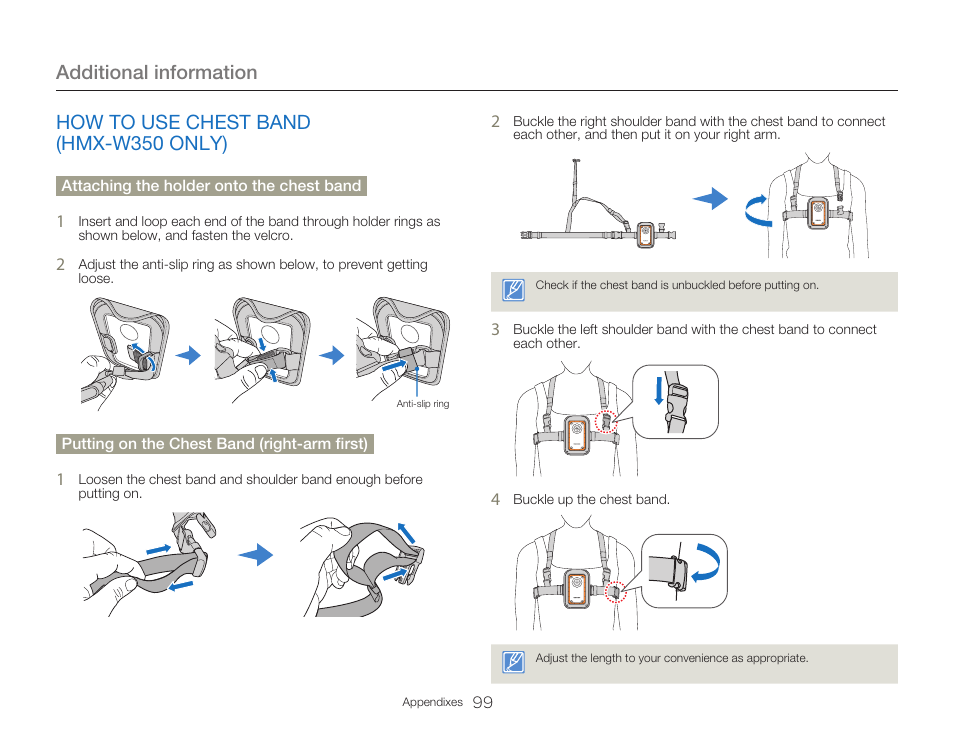 How to use chest band (hmx-w350 only), Additional information | Samsung HMX-W300RN-XAA User Manual | Page 107 / 112