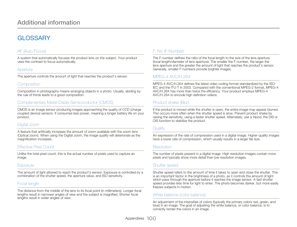 Glossary, Additional information | Samsung HMX-W300RN-XAA User Manual | Page 108 / 112
