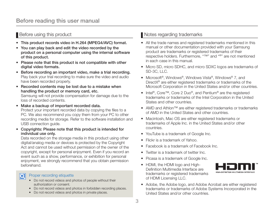 Before reading this user manual, Before using this product | Samsung HMX-W300RN-XAA User Manual | Page 11 / 112