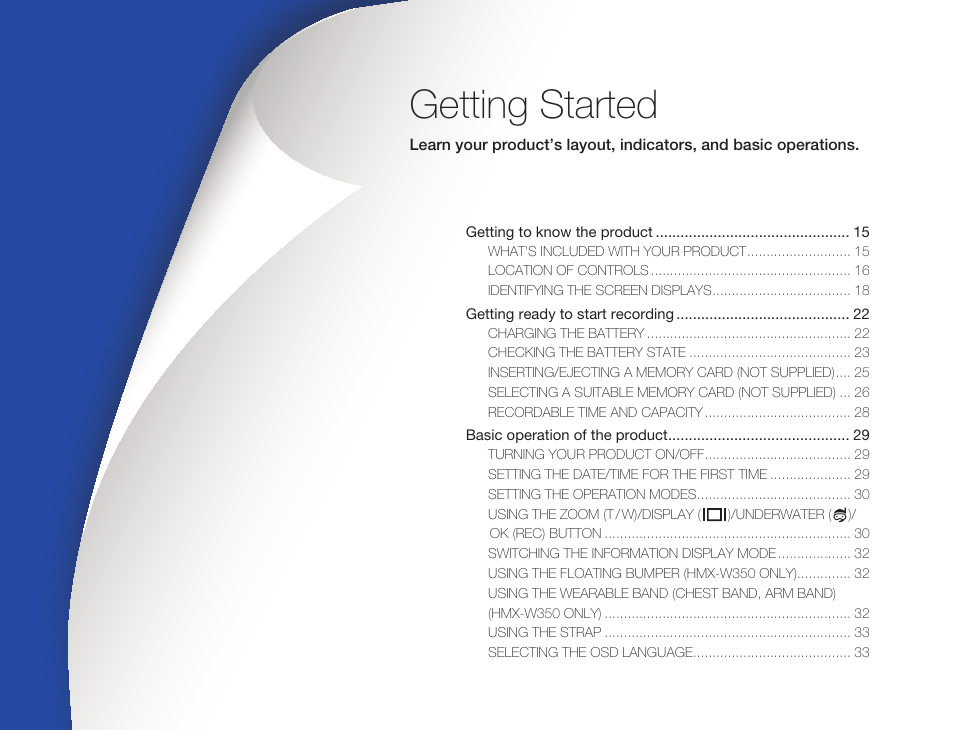 Getting started | Samsung HMX-W300RN-XAA User Manual | Page 22 / 112