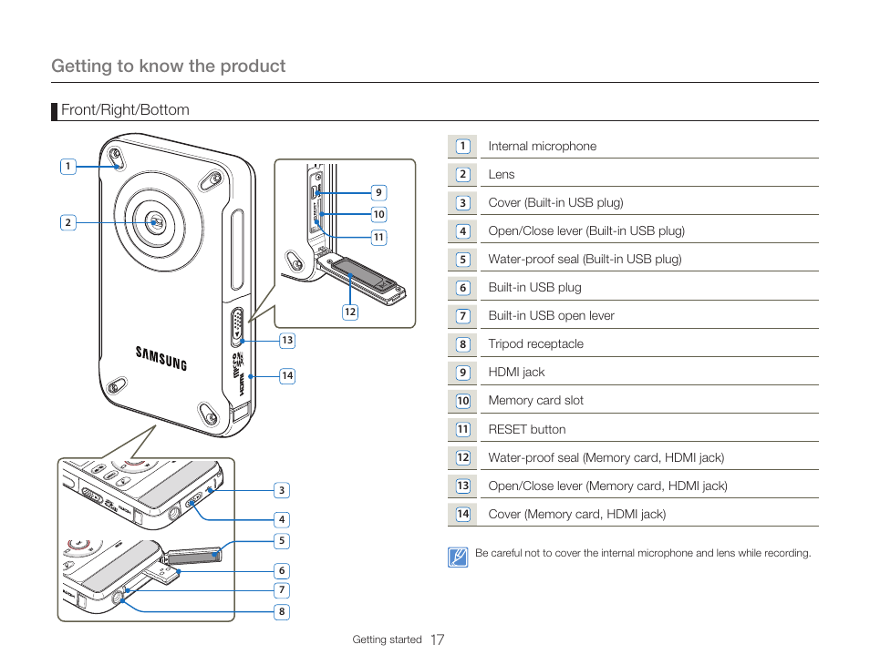 Getting to know the product, Front/right/bottom | Samsung HMX-W300RN-XAA User Manual | Page 25 / 112