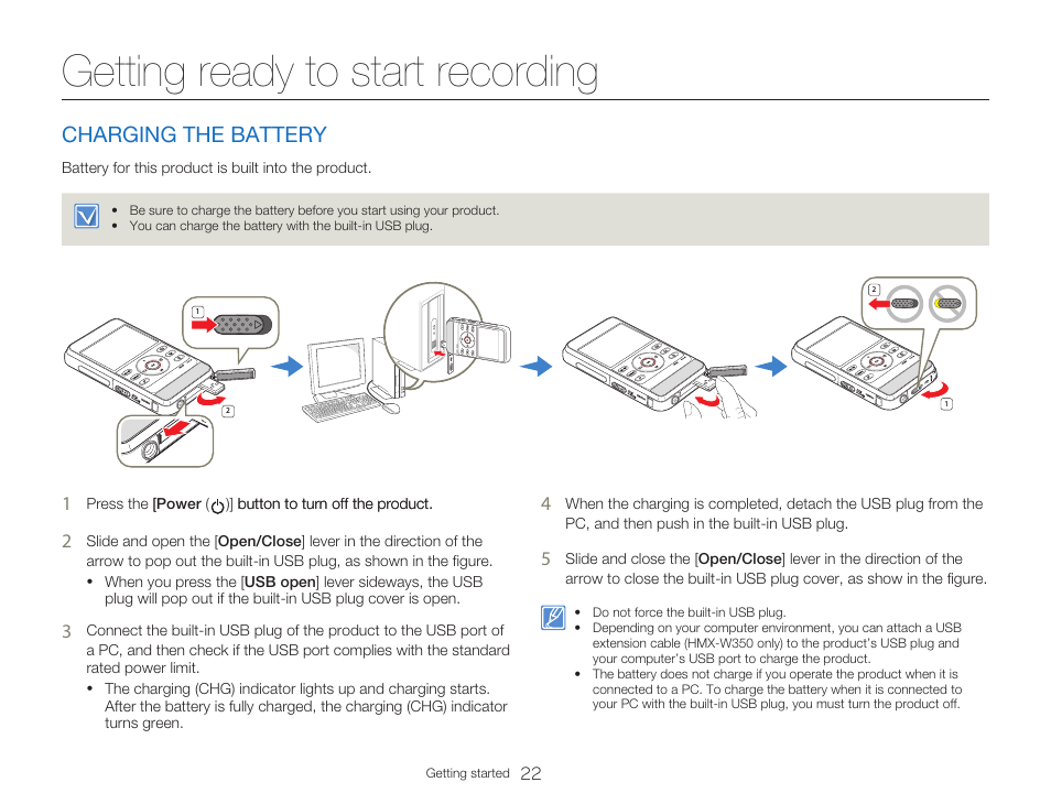 Getting ready to start recording, Charging the battery | Samsung HMX-W300RN-XAA User Manual | Page 30 / 112
