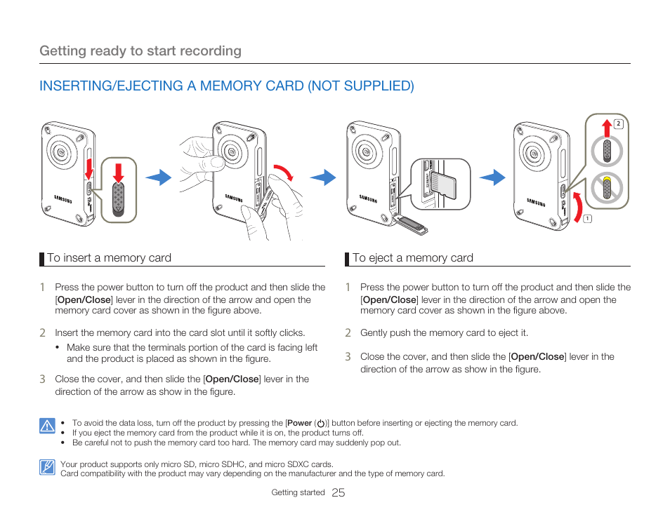Inserting/ejecting a memory card (not supplied), Getting ready to start recording | Samsung HMX-W300RN-XAA User Manual | Page 33 / 112
