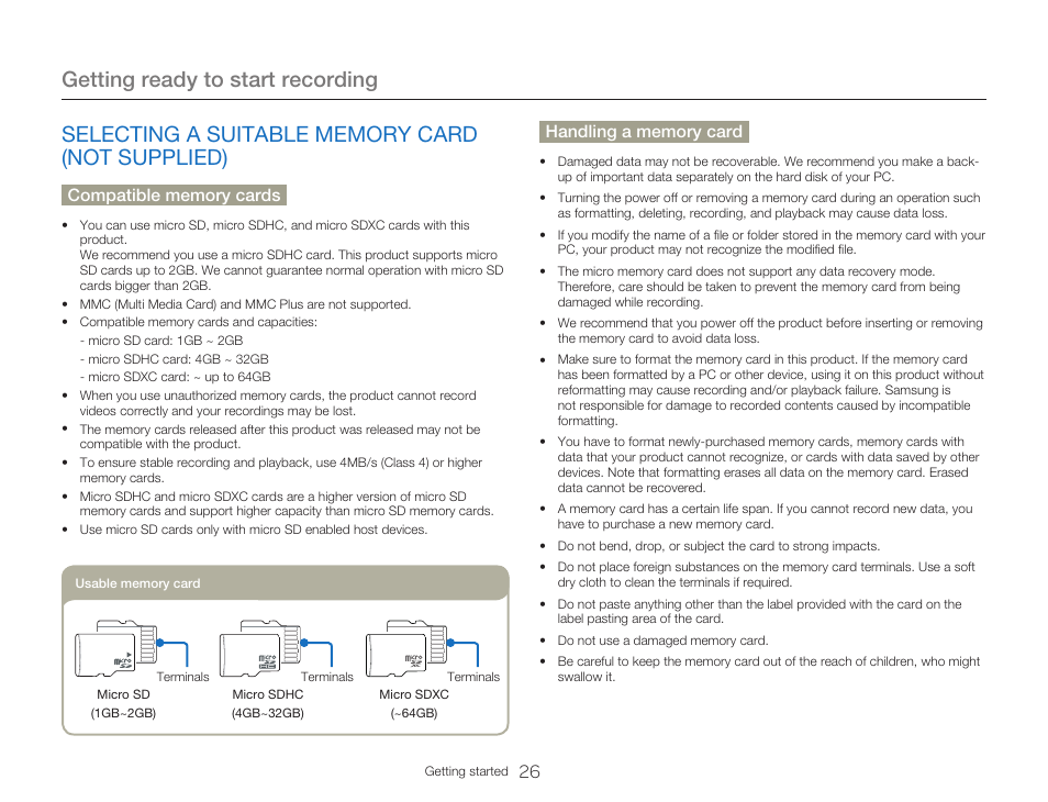 Selecting a suitable memory card (not supplied), Getting ready to start recording | Samsung HMX-W300RN-XAA User Manual | Page 34 / 112