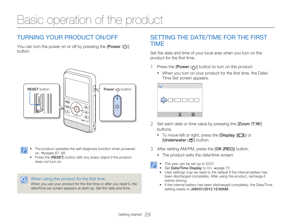 Basic operation of the product, Turning your product on/off, Setting the date/time for the first time | Samsung HMX-W300RN-XAA User Manual | Page 37 / 112