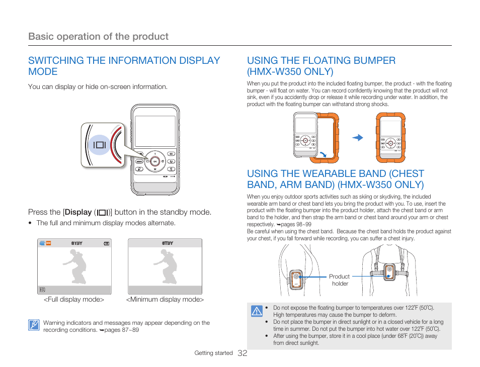 Switching the information display mode, Using the floating bumper (hmx-w350 only), Using the wearable band (chest band, arm band) | Hmx-w350 only), Basic operation of the product | Samsung HMX-W300RN-XAA User Manual | Page 40 / 112