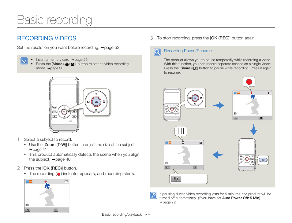 Basic recording, Recording videos, Resume | Samsung HMX-W300RN-XAA User Manual | Page 43 / 112