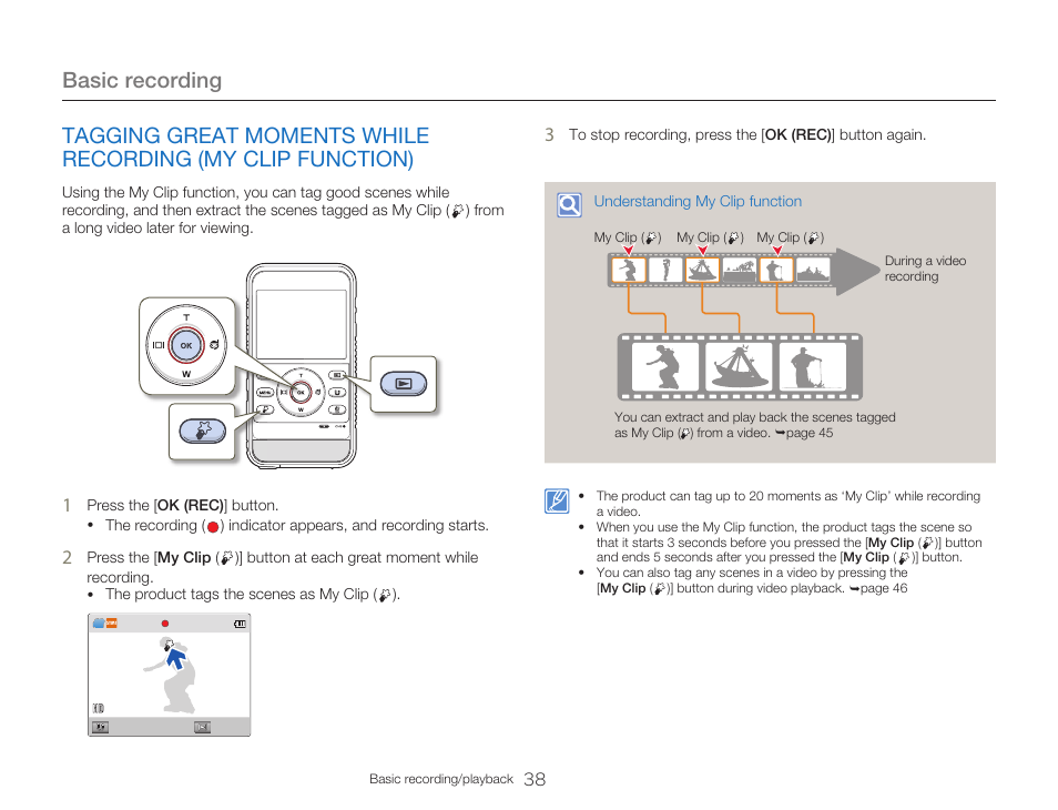 Tagging great moments while recording, My clip function), Basic recording | Samsung HMX-W300RN-XAA User Manual | Page 46 / 112