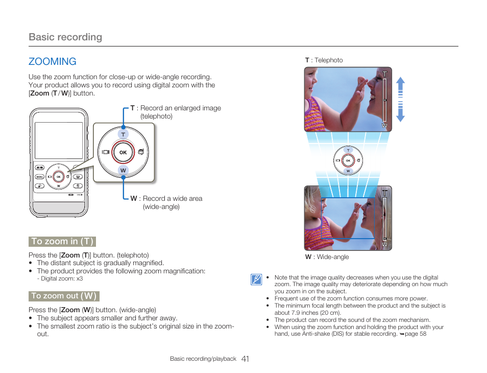 Zooming, Basic recording | Samsung HMX-W300RN-XAA User Manual | Page 49 / 112