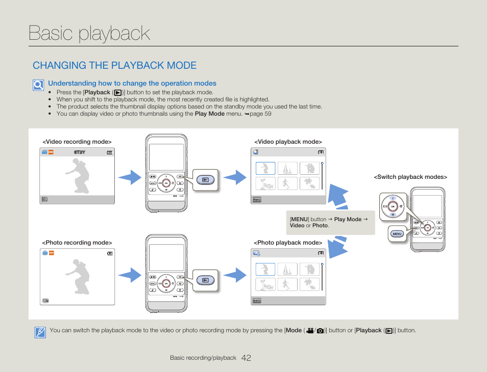 Basic playback, Changing the playback mode | Samsung HMX-W300RN-XAA User Manual | Page 50 / 112
