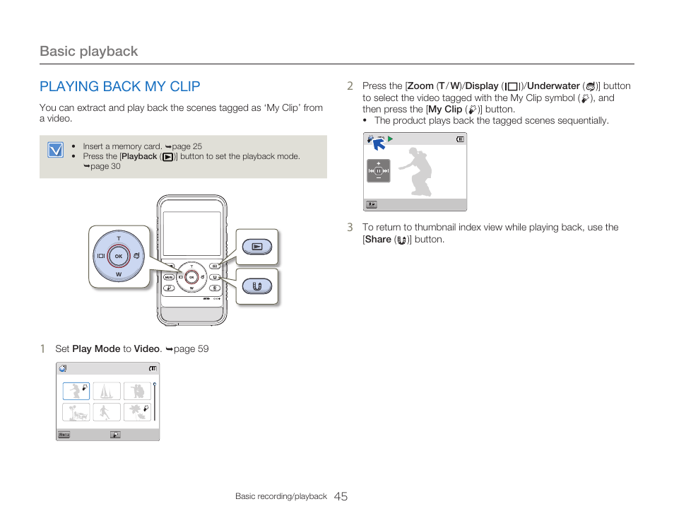 Playing back my clip, Basic playback | Samsung HMX-W300RN-XAA User Manual | Page 53 / 112