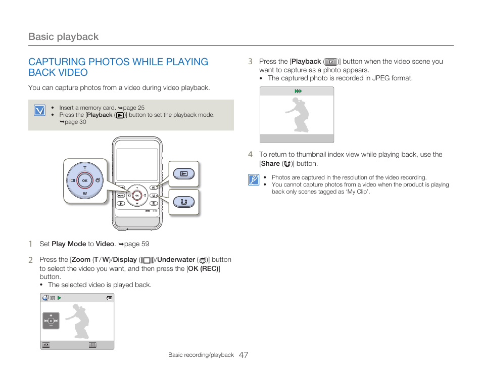 Capturing photos while playing back video, Basic playback | Samsung HMX-W300RN-XAA User Manual | Page 55 / 112