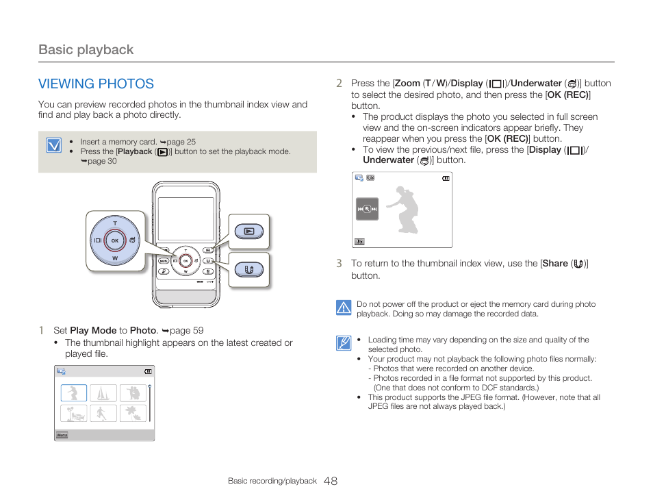 Viewing photos, Basic playback | Samsung HMX-W300RN-XAA User Manual | Page 56 / 112
