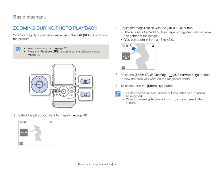 Zooming during photo playback, Basic playback | Samsung HMX-W300RN-XAA User Manual | Page 57 / 112
