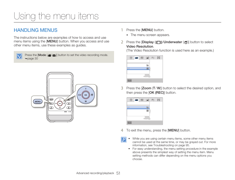 Using the menu items, Handling menus | Samsung HMX-W300RN-XAA User Manual | Page 59 / 112