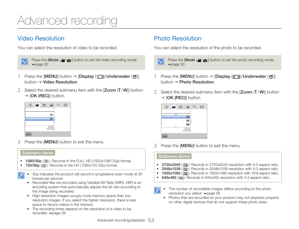 Advanced recording, Video resolution, Photo resolution | Samsung HMX-W300RN-XAA User Manual | Page 61 / 112