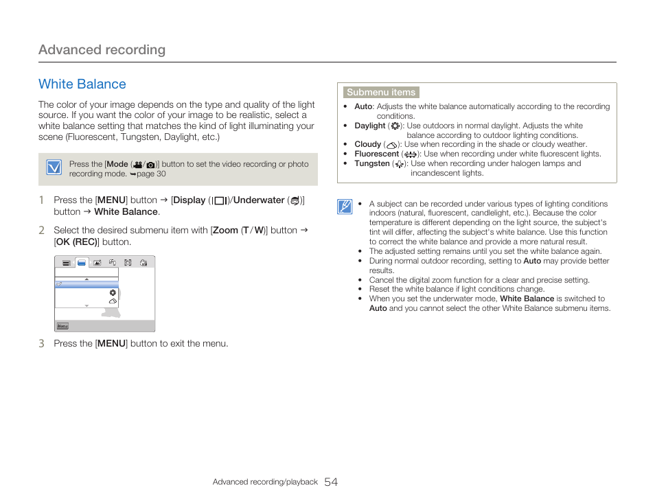 White balance, Advanced recording | Samsung HMX-W300RN-XAA User Manual | Page 62 / 112