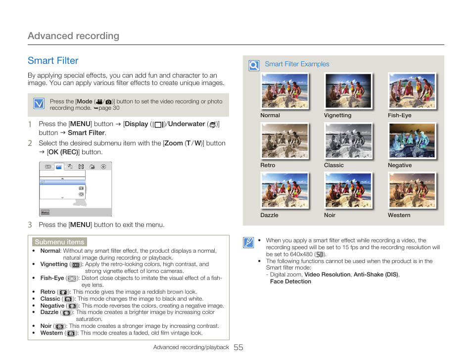 Smart filter, Advanced recording | Samsung HMX-W300RN-XAA User Manual | Page 63 / 112