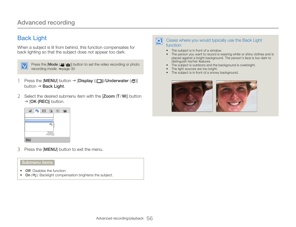 Back light, Advanced recording | Samsung HMX-W300RN-XAA User Manual | Page 64 / 112