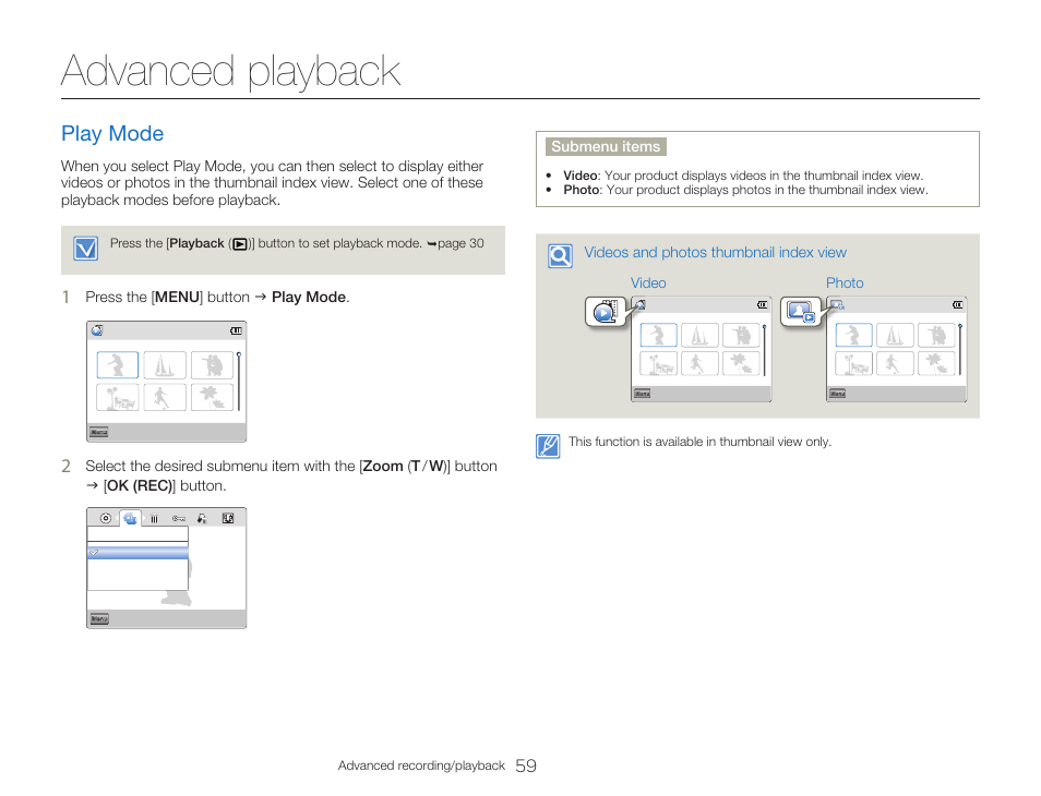 Advanced playback, Play mode | Samsung HMX-W300RN-XAA User Manual | Page 67 / 112