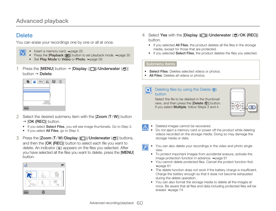 Delete, Advanced playback | Samsung HMX-W300RN-XAA User Manual | Page 68 / 112
