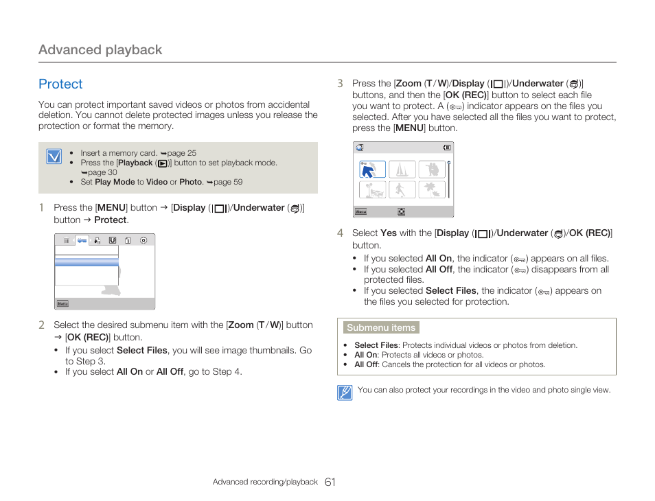 Protect, Advanced playback | Samsung HMX-W300RN-XAA User Manual | Page 69 / 112