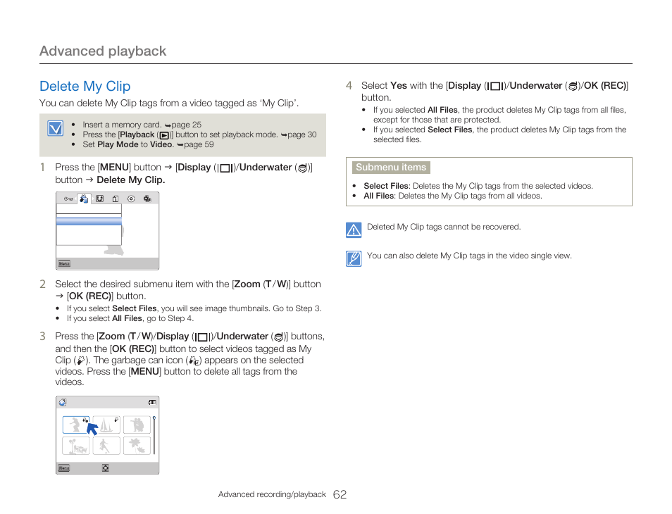 Delete my clip, Advanced playback | Samsung HMX-W300RN-XAA User Manual | Page 70 / 112