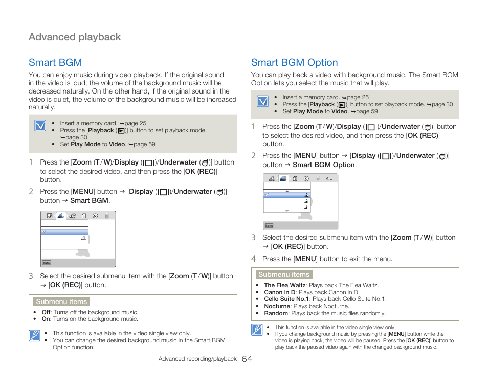 Smart bgm, Smart bgm option, Advanced playback | Samsung HMX-W300RN-XAA User Manual | Page 72 / 112