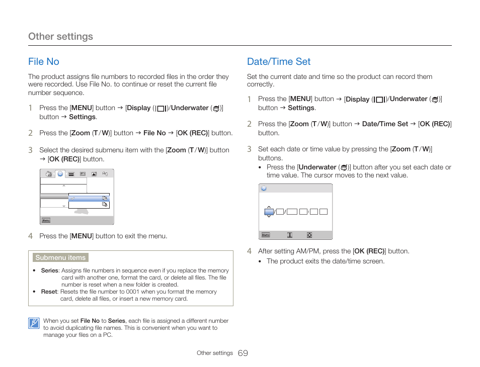 File no, Date/time set, Other settings | Samsung HMX-W300RN-XAA User Manual | Page 77 / 112
