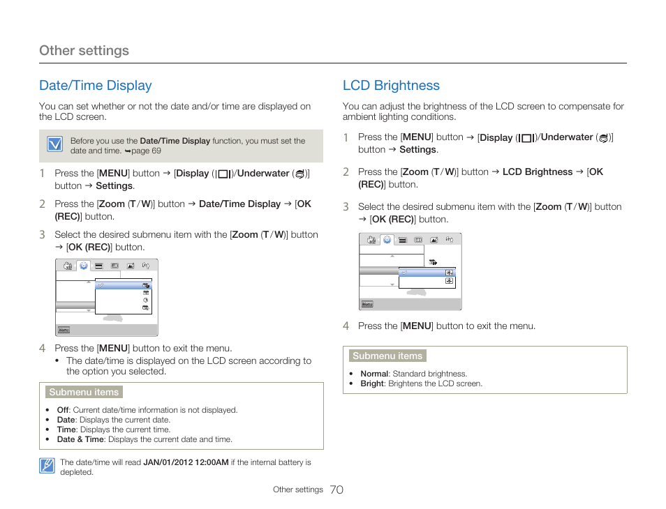 Date/time display, Lcd brightness, Other settings | Samsung HMX-W300RN-XAA User Manual | Page 78 / 112